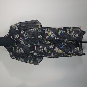 Eleven22 Black Tropical Print Sheer Chiffon Long Button Up Swim Cover Size Small